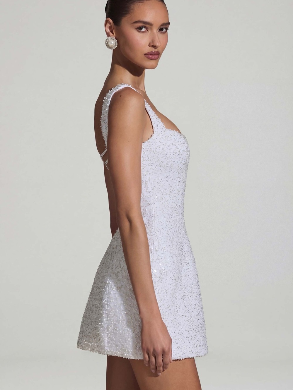 Oh Polly Dominique Embellished Structured A-Line Mini Dress in White - Picture 4 of 13
